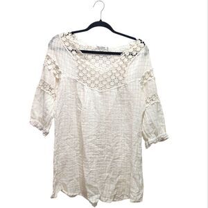 Mollo Rello Boho Peasant Crochet Lace White Ivory V-Neck Tunic Popover Size M